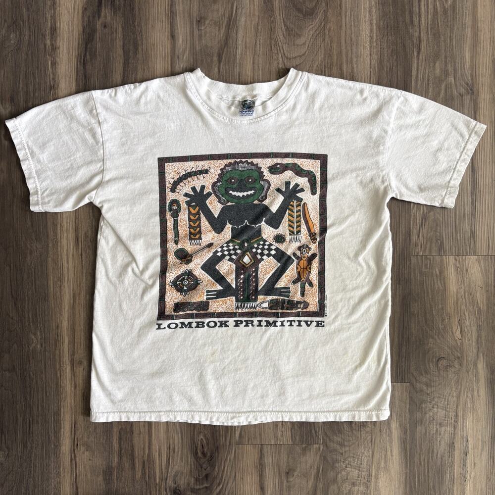 Vintage Art T-Shirt Men's Size S Primitive Native Art White 1990s Indonesia
